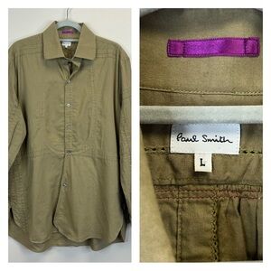 Paul Smith Mens L Khaki Olive Green Long Sleeve Shirt Cotton Boho Safari Indie